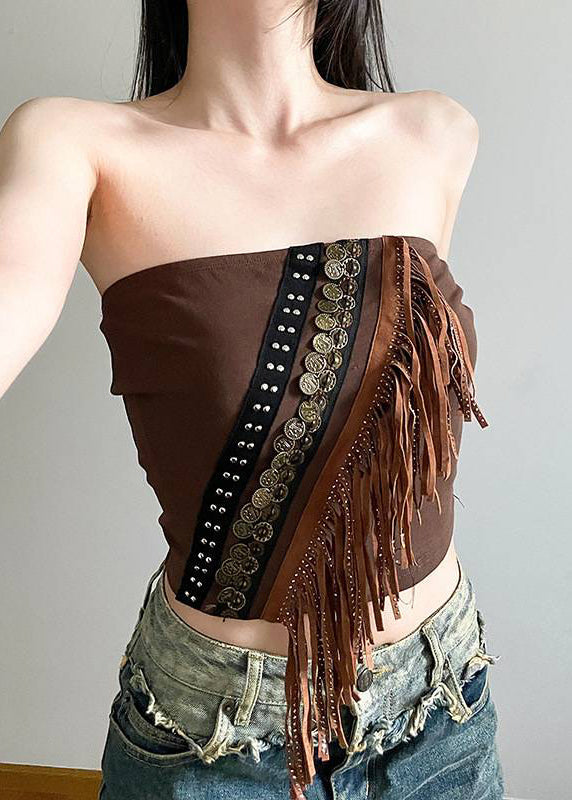 Deux cardigans sexy à pompons et débardeurs marron et dentelle creuse