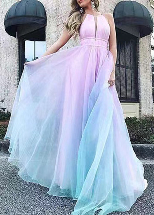 Robe longue sexy en tulle à dégradé de couleurs, col en V, taille haute, sans manches, WW1036