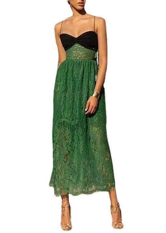 Robe sexy verte à épaules dénudées et à bretelles spaghetti en dentelle patchwork sans manches XX031