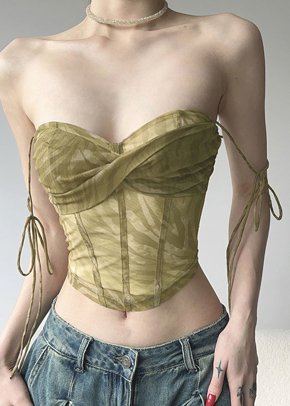 Gilet court sexy en tulle vert à bretelles spaghetti