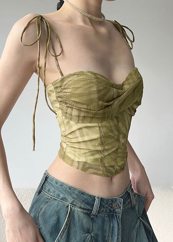 Gilet court sexy en tulle vert à bretelles spaghetti