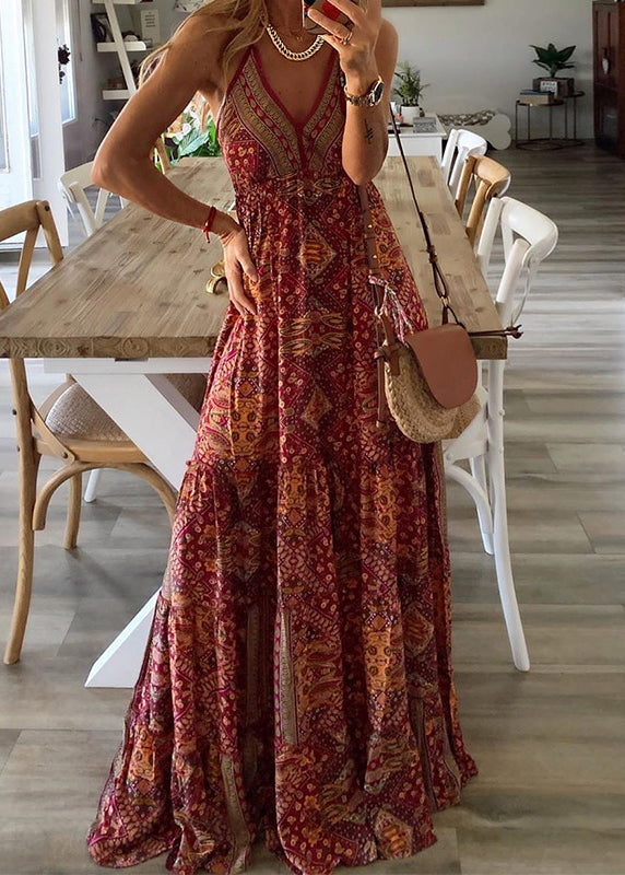 V Strap Dress Long Green Holiday Neck Spaghetti Sexy Print