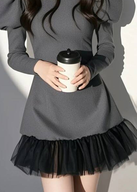 Robe mi-bouffante à col rond et manches bouffantes sexy en patchwork gris