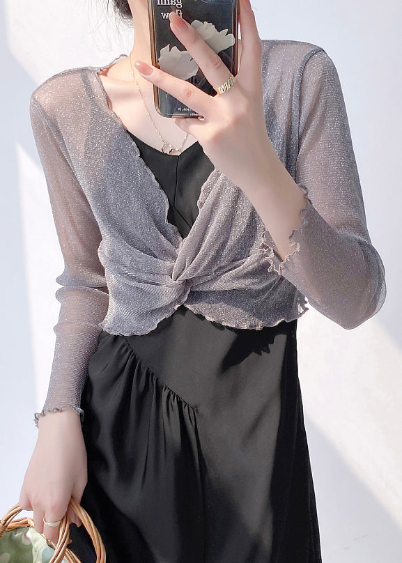 Sexy Grey V Neck Wrinkled Tulle Top Long Sleeve Ada Fashion