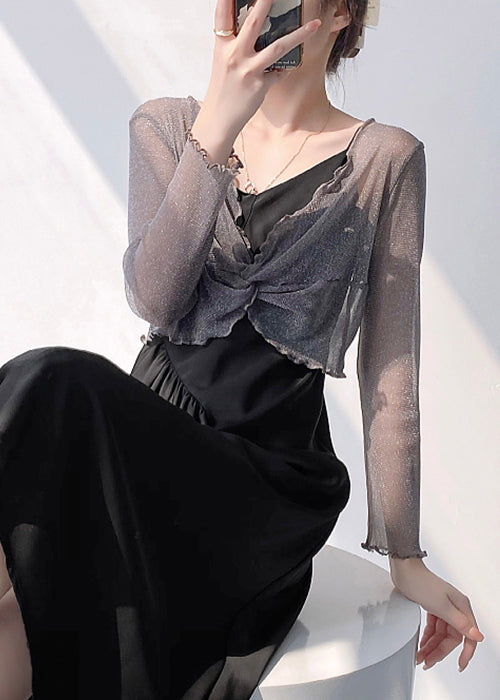 Sexy Grey V Neck Wrinkled Tulle Top Long Sleeve Ada Fashion