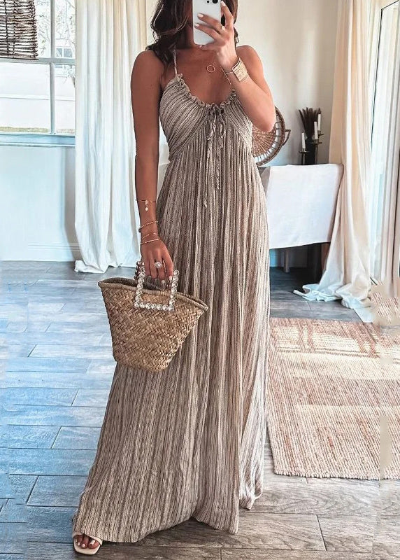 Robe à volants légère et sexy en dentelle et bretelles spaghetti en coton gris