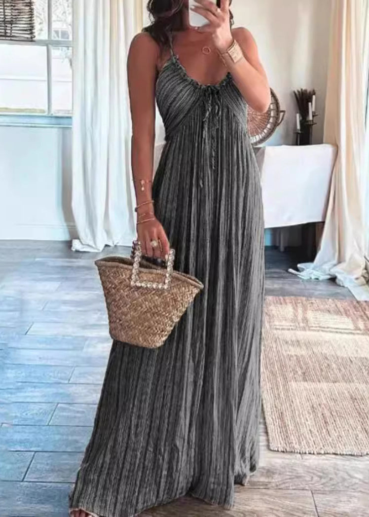 Robe à volants légère et sexy en dentelle et bretelles spaghetti en coton gris