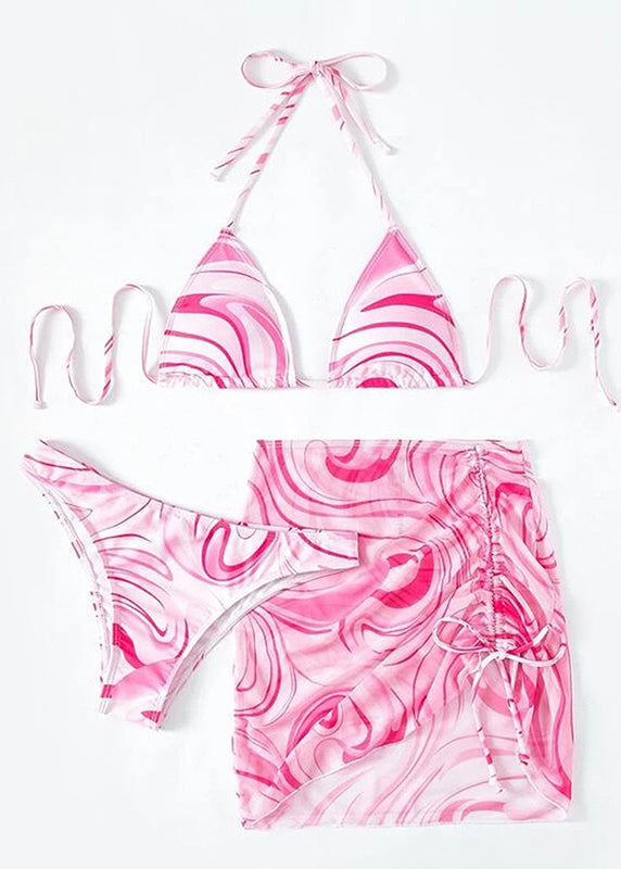 Sexy Pink Cinched Halter Lace Up Swimwear Set GF050