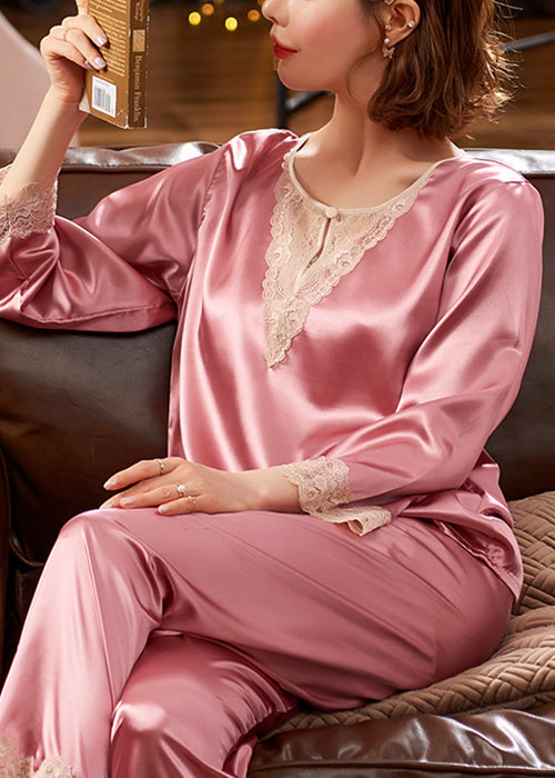 Sexy Lace Two Pieces Set Pink Patchwork Silk Pajamas
