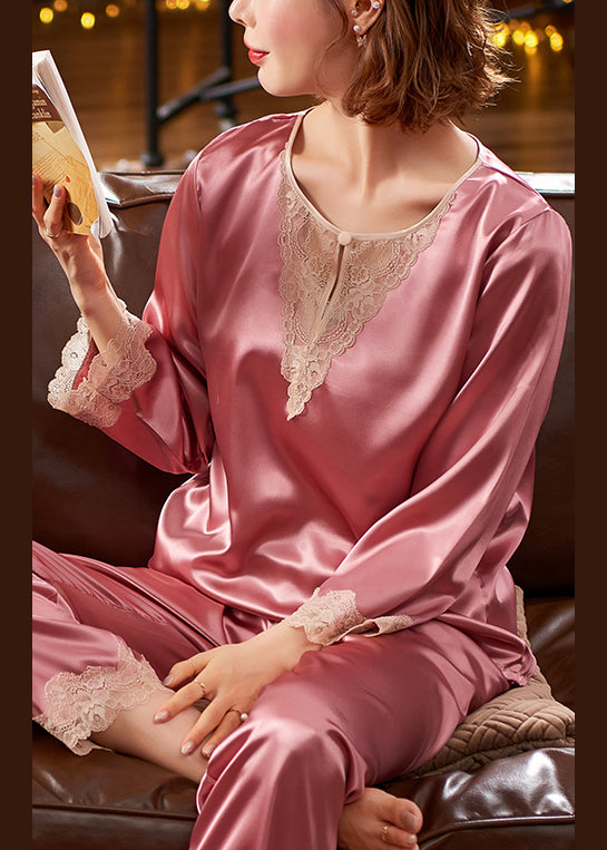 Sexy Lace Two Pieces Set Pink Patchwork Silk Pajamas