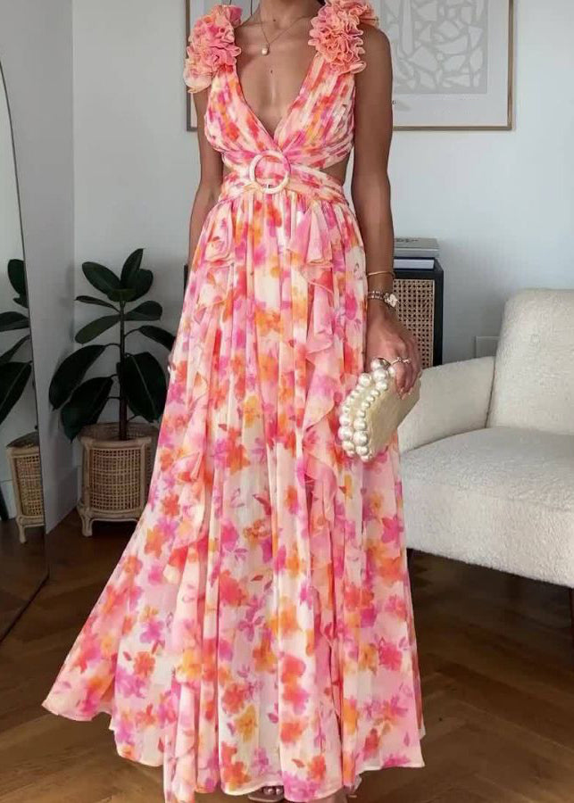 Sexy Pink Ruffled Print Lace Up Cotton Maxi Dress Sleeveless BB060