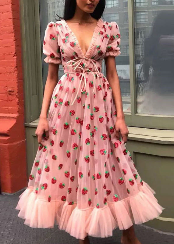 Robe longue sexy en tulle à volants et col en V rose pour l'été AA1060