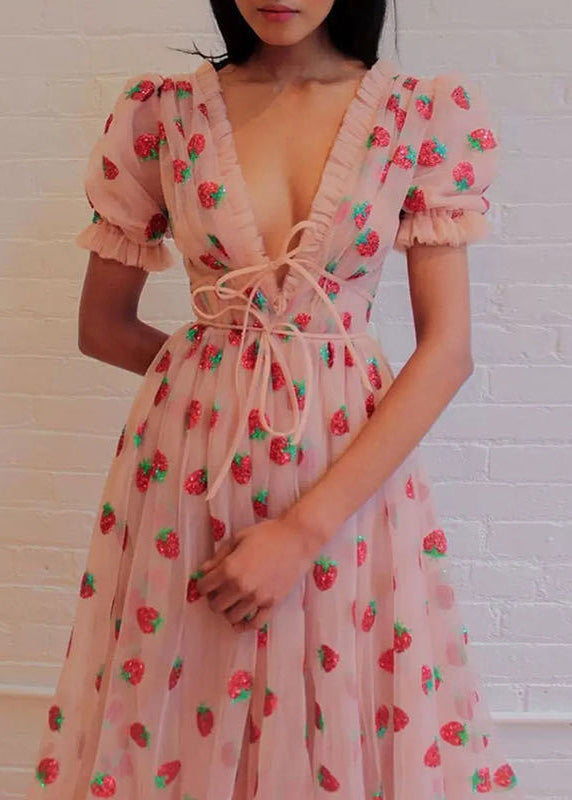 Robe longue sexy en tulle à volants et col en V rose pour l'été AA1060