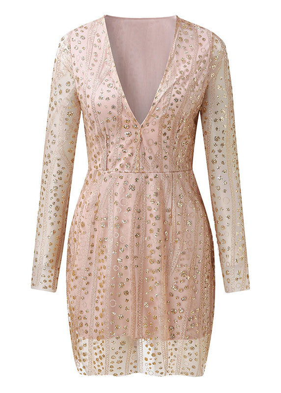 Robe de soirée courte sexy à paillettes et col en V Automne QR005