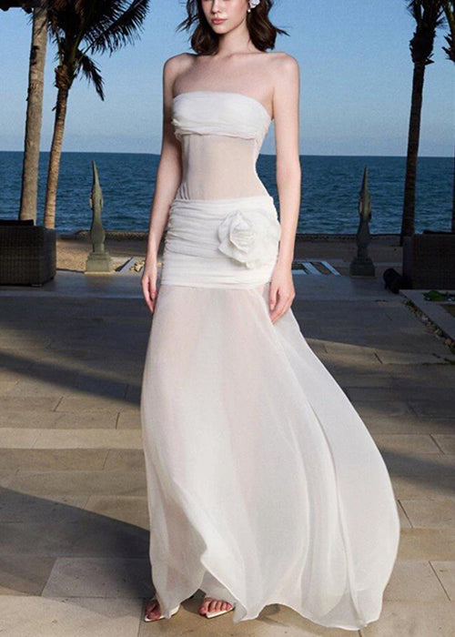 Robe sexy à épaules dénudées, longue, blanche, sans manches, en tulle, motif floral froid