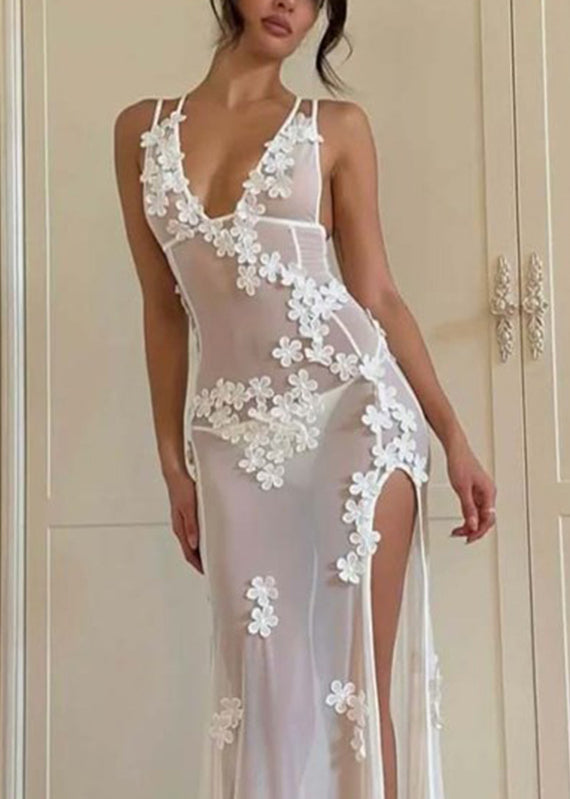 Langer weißer trägerloser offener sexy Bademode-Bikini mit Blumenseite