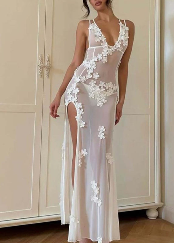 Langer weißer trägerloser offener sexy Bademode-Bikini mit Blumenseite