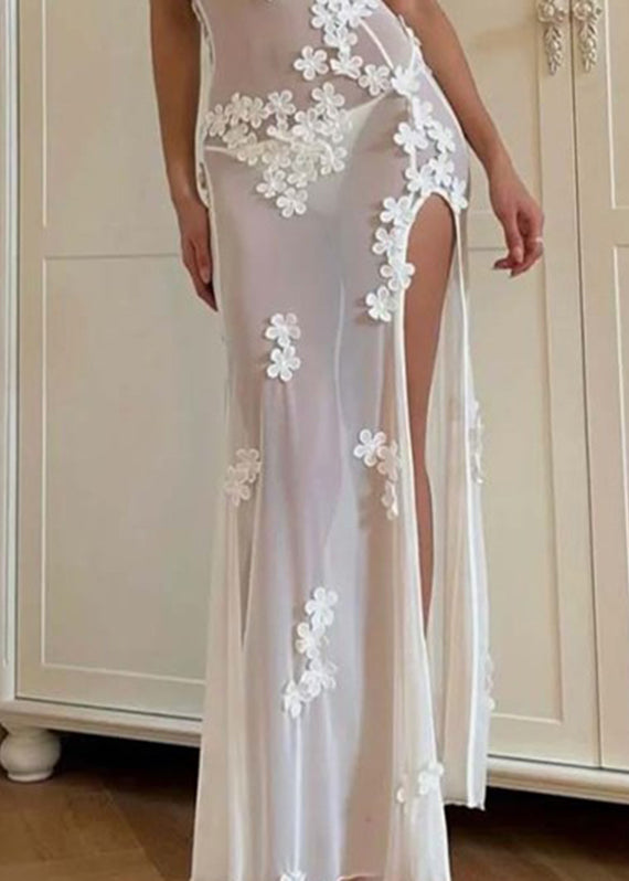Langer weißer trägerloser offener sexy Bademode-Bikini mit Blumenseite