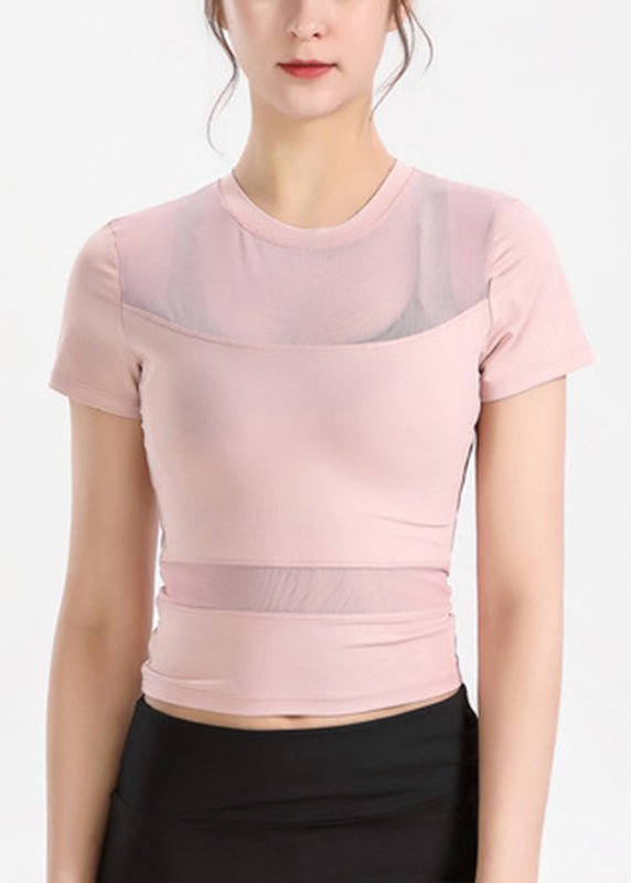 Patchwork Sleeve Tulle Yoga Sexy Top Short White
