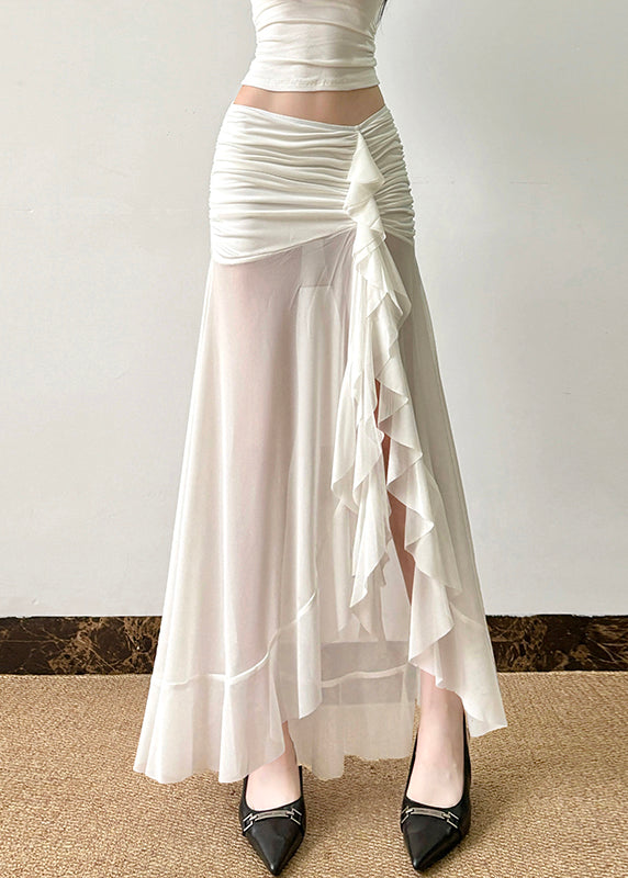 Sexy Tulle Open Summer Wrinkled Skirt Side White