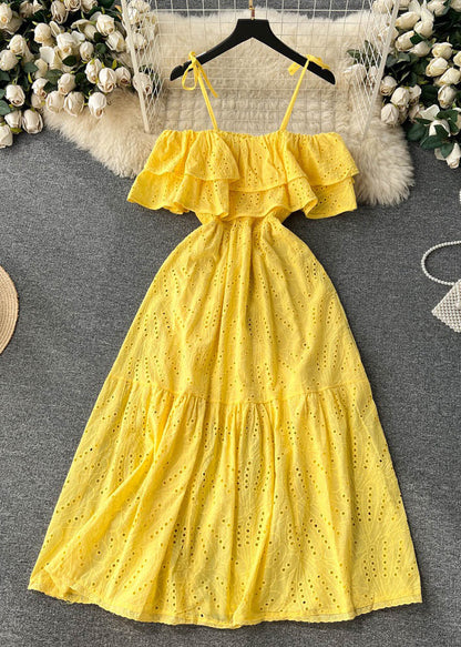 Sexy Yellow Slash Neck Hollow Out Cotton Spaghetti Strap Dress Sleeveless TR033