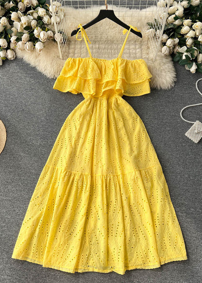 Sexy Yellow Slash Neck Hollow Out Cotton Spaghetti Strap Dress Sleeveless TR033