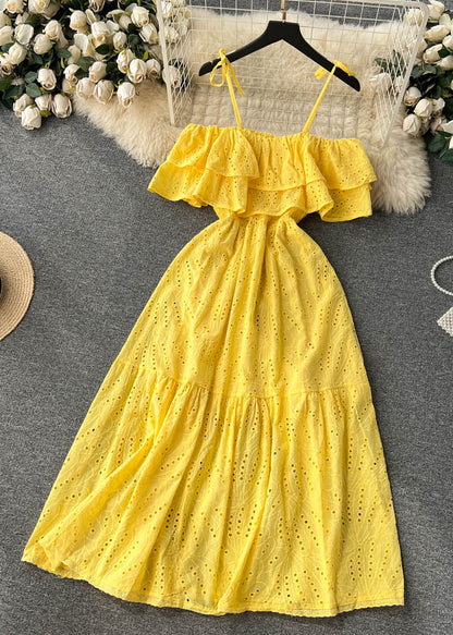 Sexy Yellow Slash Neck Hollow Out Cotton Spaghetti Strap Dress Sleeveless TR033