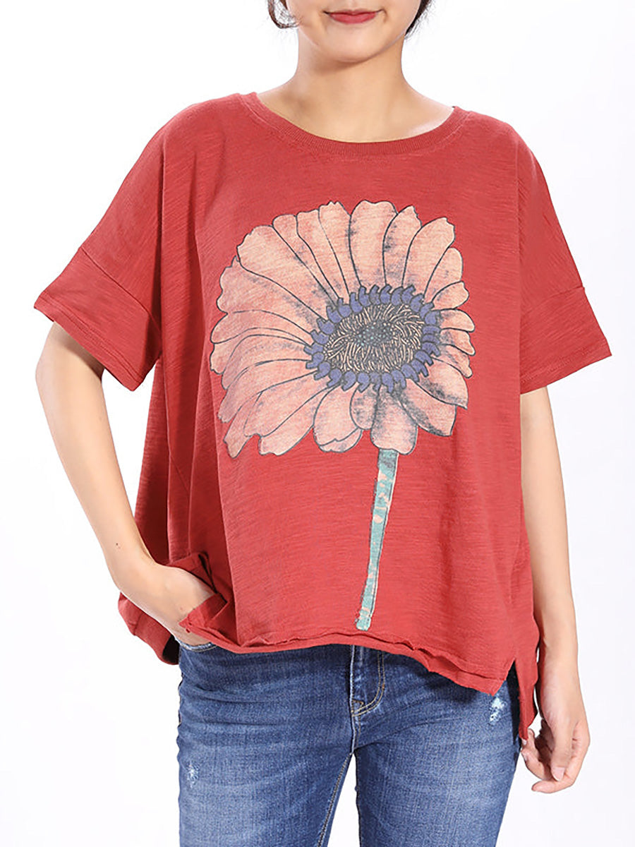Plus Size Short Sleeve Sunflower Printed T-shirt QW1052