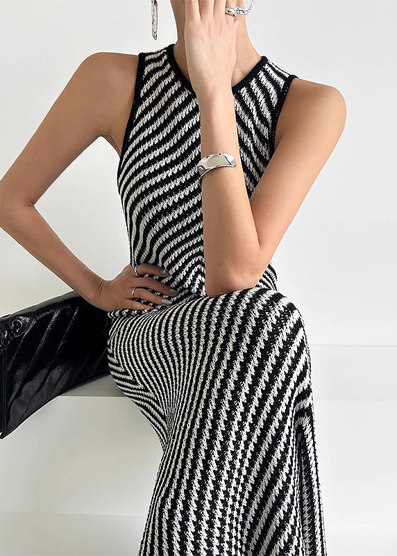 Robe en tricot rayée noire sans manches, coupe ajustée, longueur cheville, TZ024