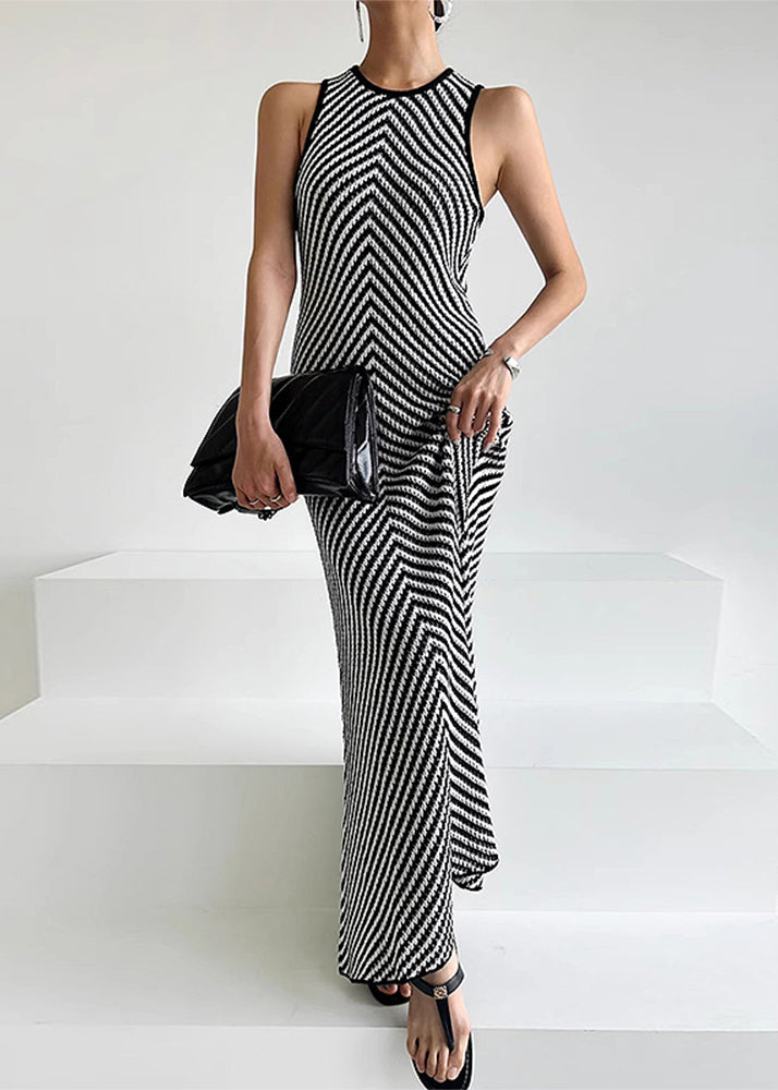 Robe en tricot rayée noire sans manches, coupe ajustée, longueur cheville, TZ024