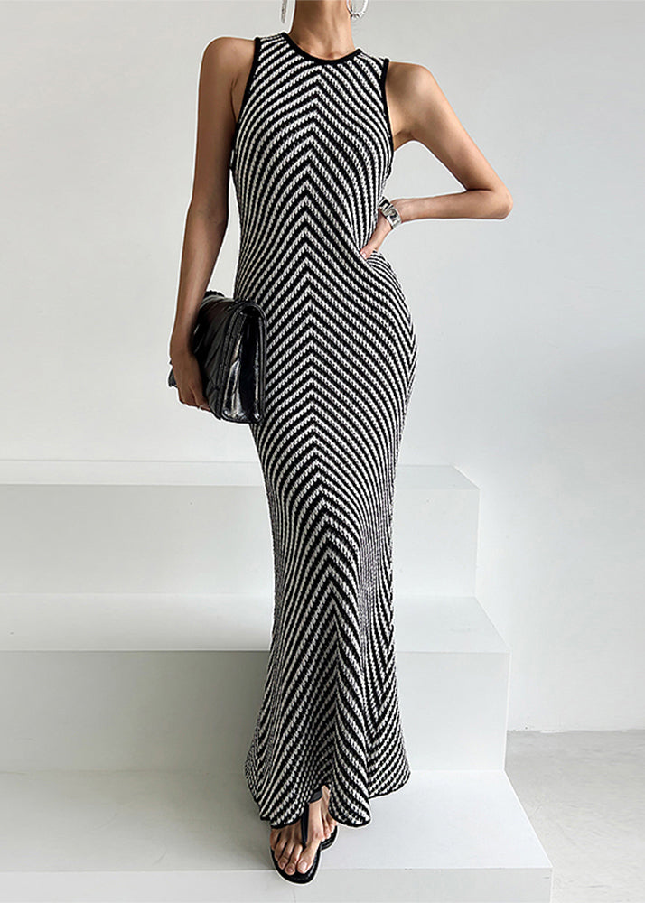 Robe en tricot rayée noire sans manches, coupe ajustée, longueur cheville, TZ024