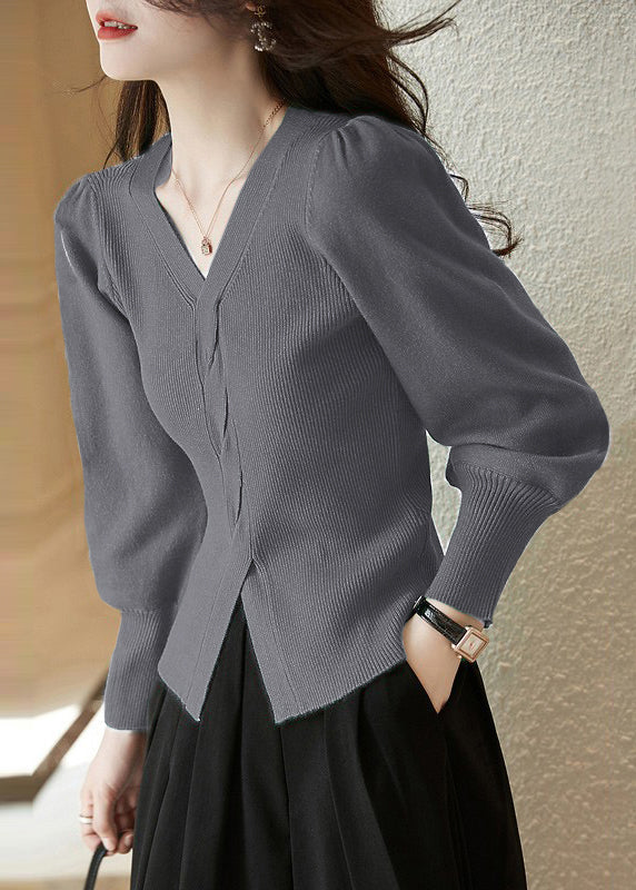 Chemise en tricot rouge à col en V et ouverture latérale, coupe ajustée, printemps TN015