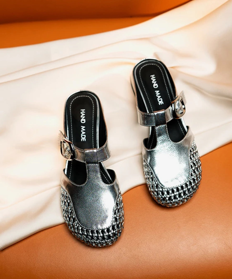 Rindsleder Leder Spleißen Fashion Slide Sandalen Silber Out Hollow