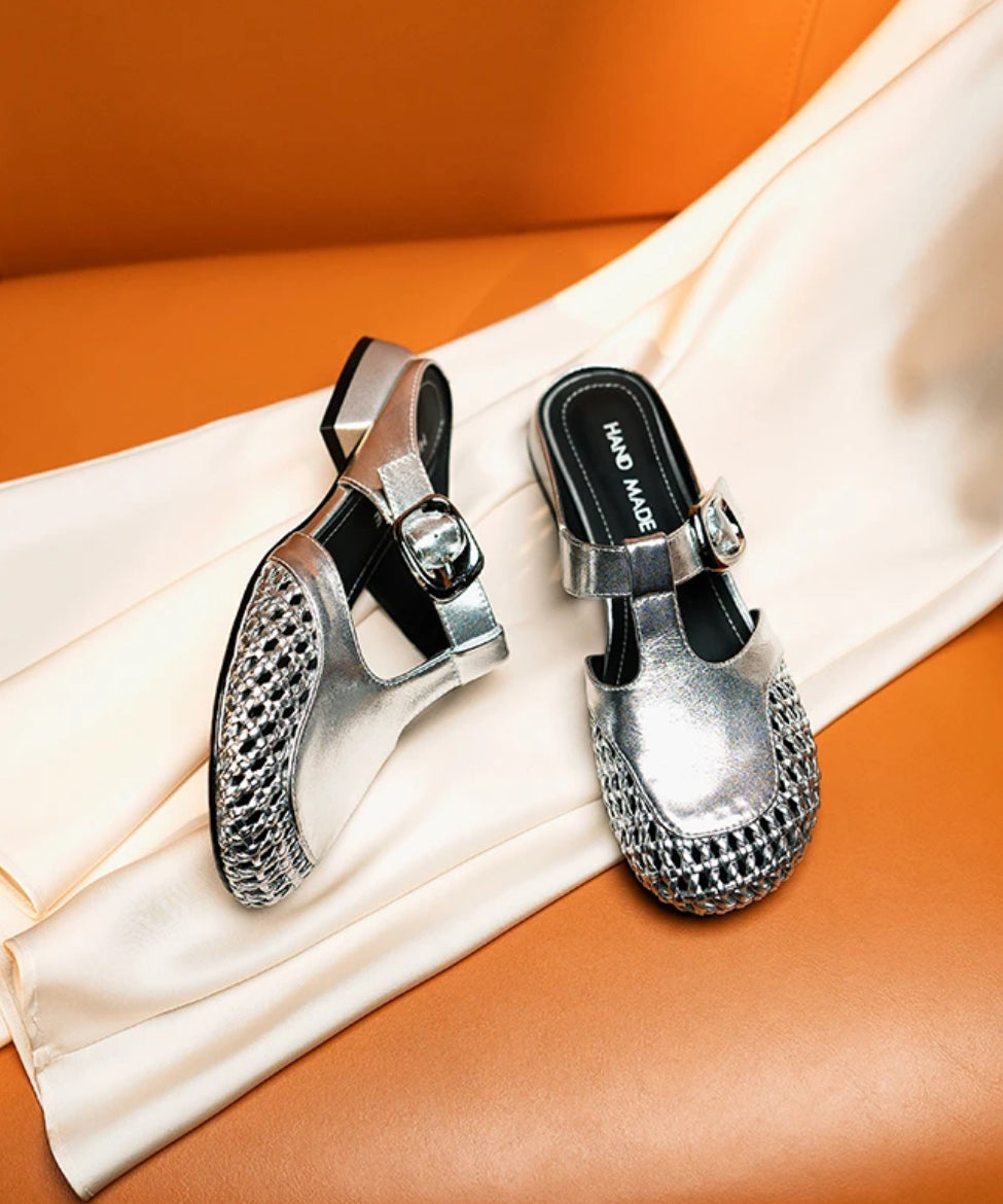 Rindsleder Leder Spleißen Fashion Slide Sandalen Silber Out Hollow