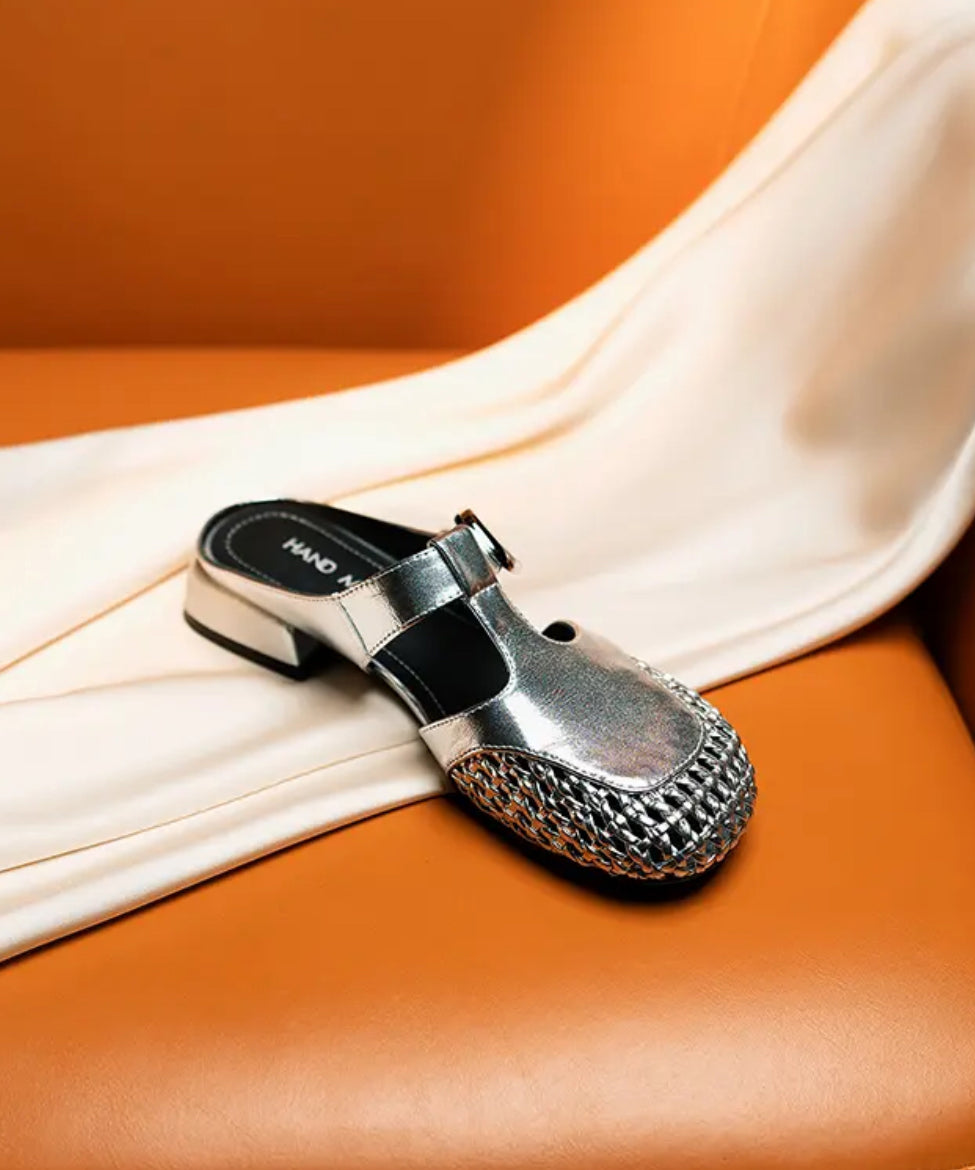 Rindsleder Leder Spleißen Fashion Slide Sandalen Silber Out Hollow