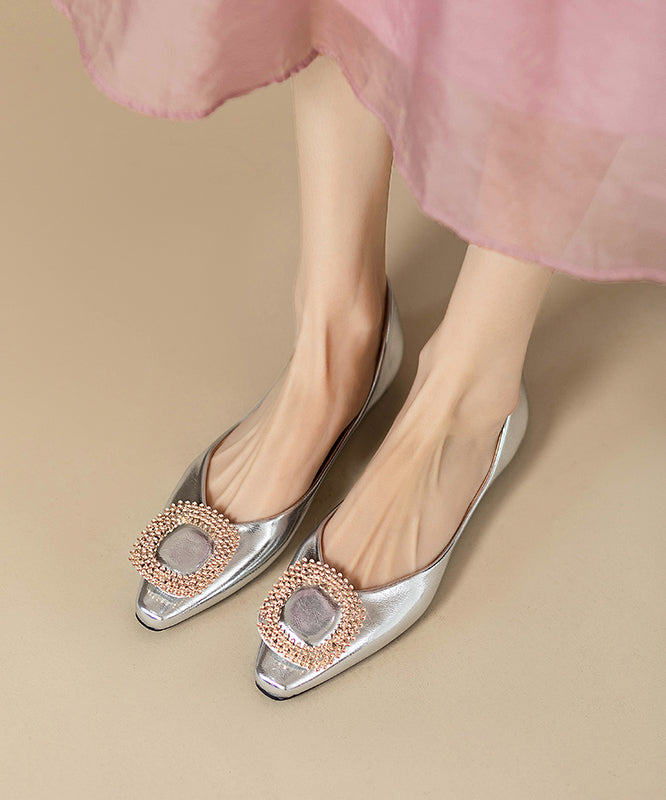 Silver Fitted Flat Faux Zircon Shoes Leather Splicing