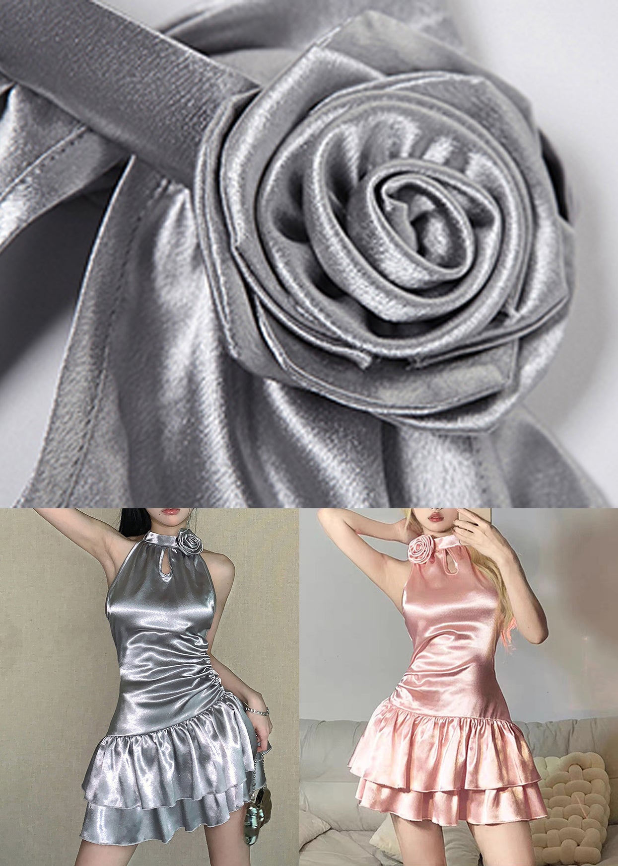 Silbernes Blumenkleid mit hoher Taille und ärmellosem Aushöhlen