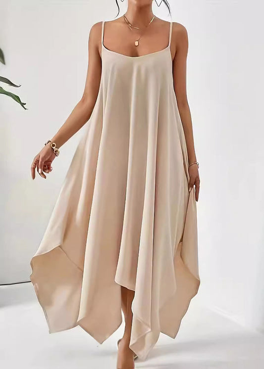 Robe unie simple à bretelles en coton asymétrique spaghetti abricot