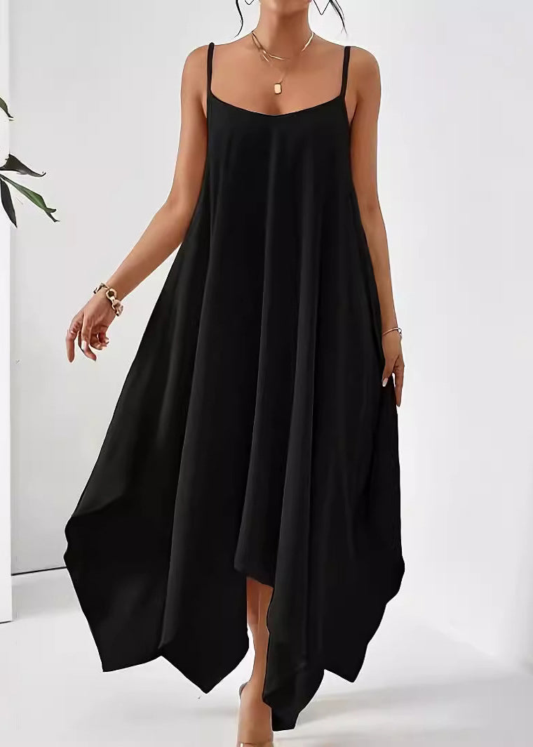 Robe unie simple à bretelles en coton asymétrique spaghetti abricot