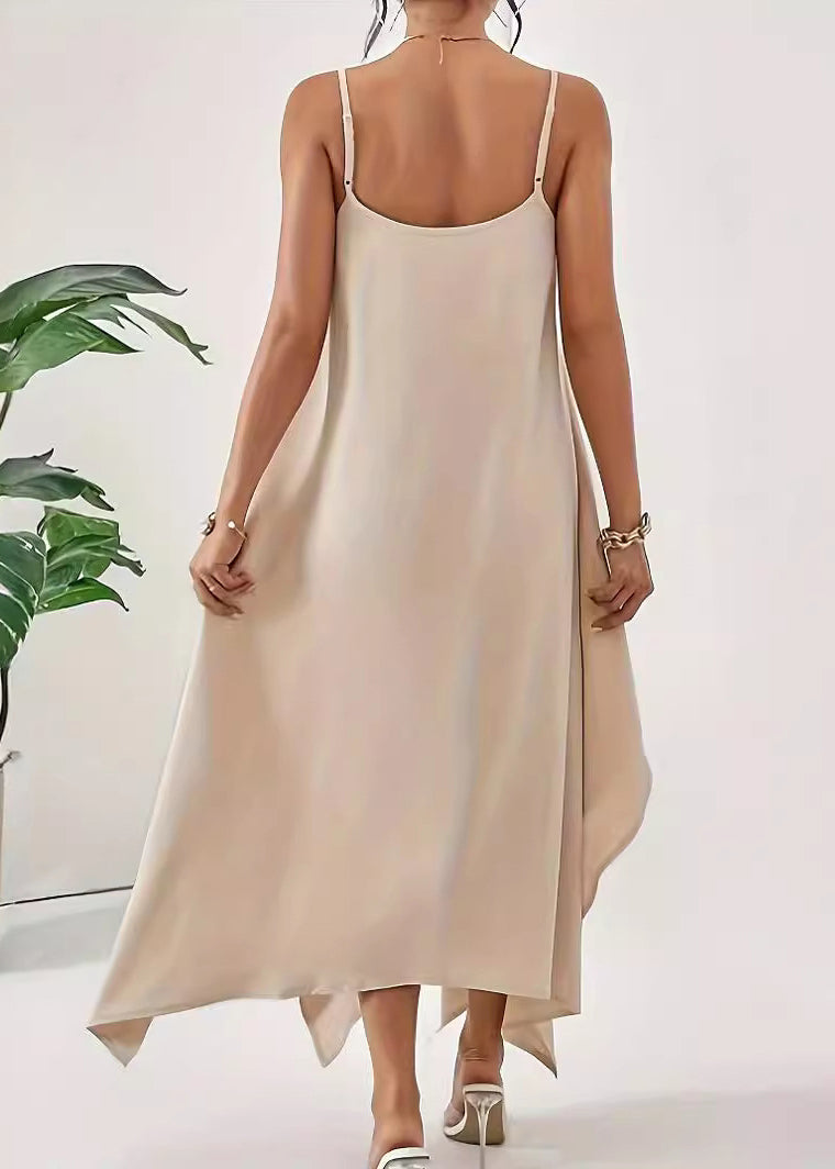 Simple Solid Cotton Dress Spaghetti Apricot Strap Asymmetrical