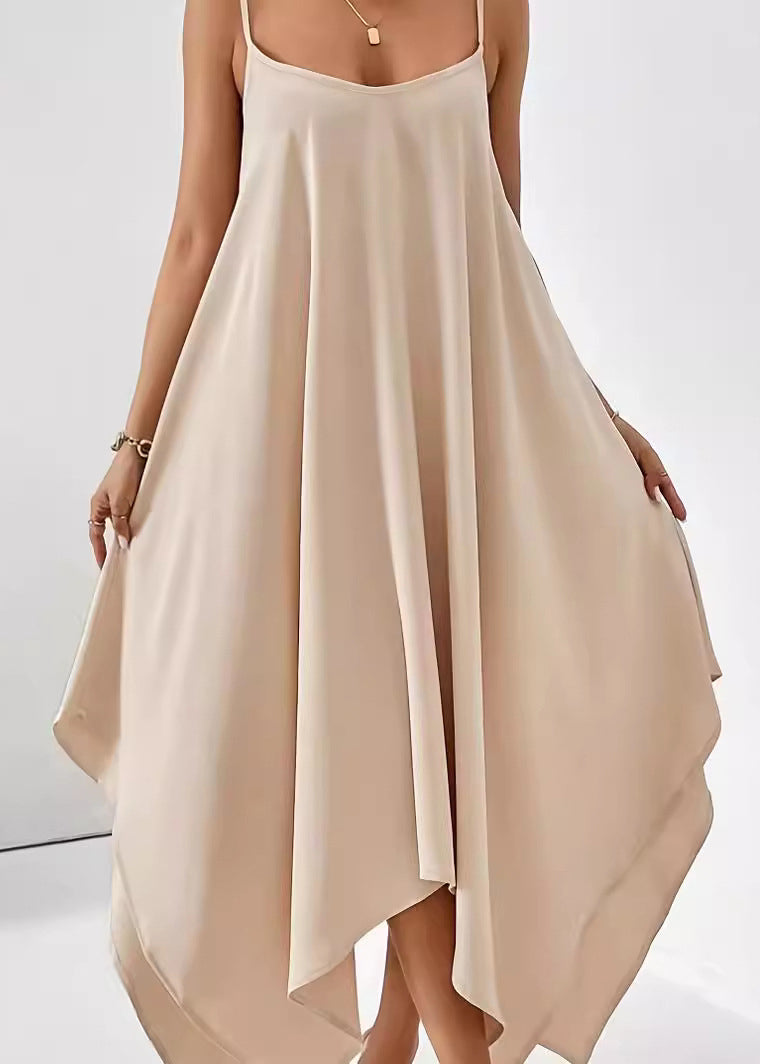 Simple Solid Cotton Dress Spaghetti Apricot Strap Asymmetrical