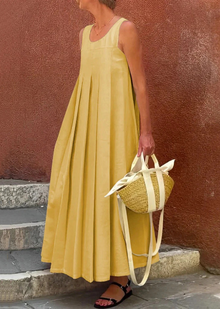 Robe longue sans manches, simple et froissée, en coton abricot uni