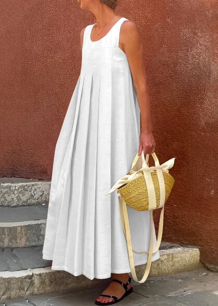 Robe longue sans manches, simple et froissée, en coton abricot uni