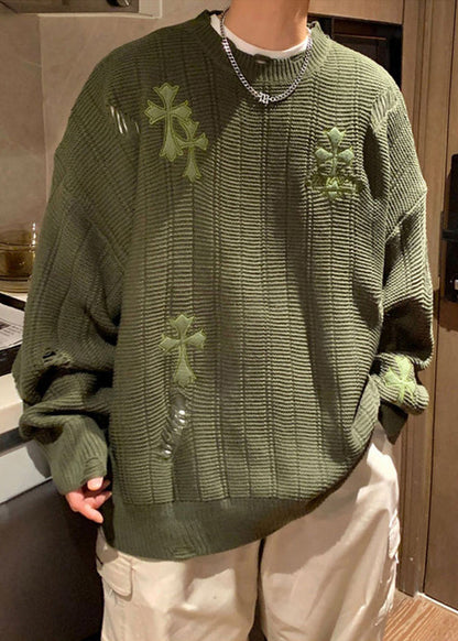 Simple Army Green Embroideried Hollow Out Knit Mens Sweaters Winter QF038