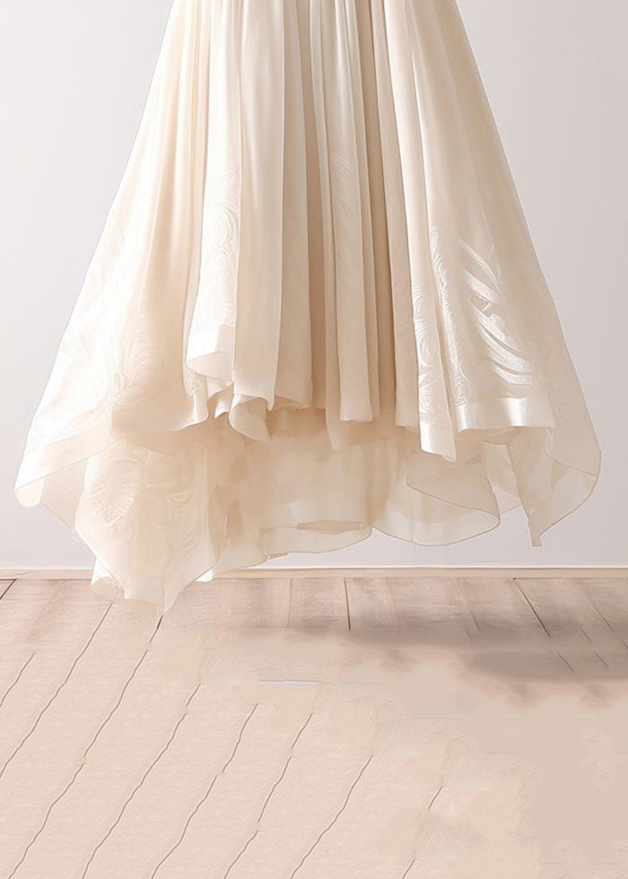 Simple Beige Asymmetrical Wrinkled Elastic Waist Chiffon Skirt Summer Ada Fashion