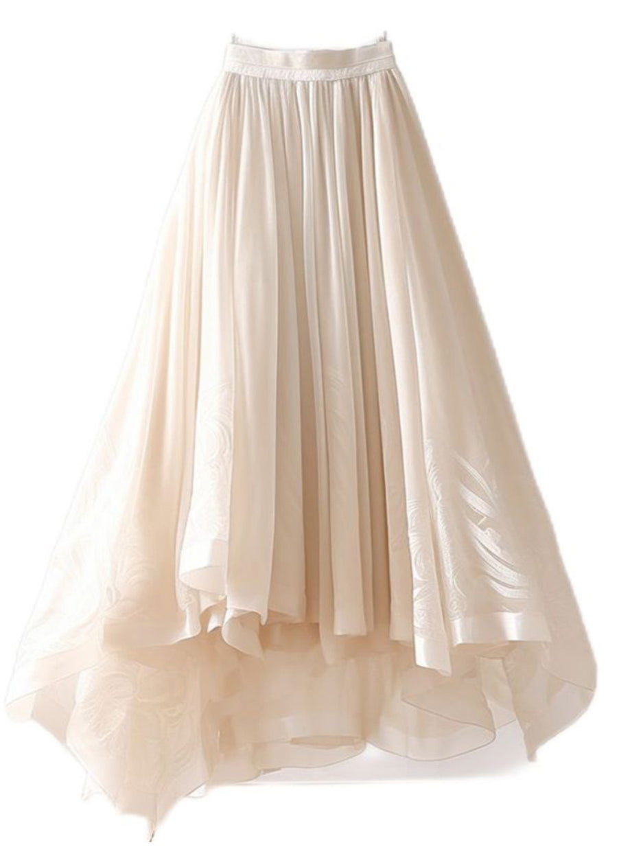 Simple Beige Asymmetrical Wrinkled Elastic Waist Chiffon Skirt Summer Ada Fashion