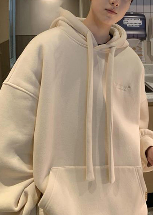 Simple Beige Hooded Pockets Warm Fleece Mens Sweatshirt Winter RP062