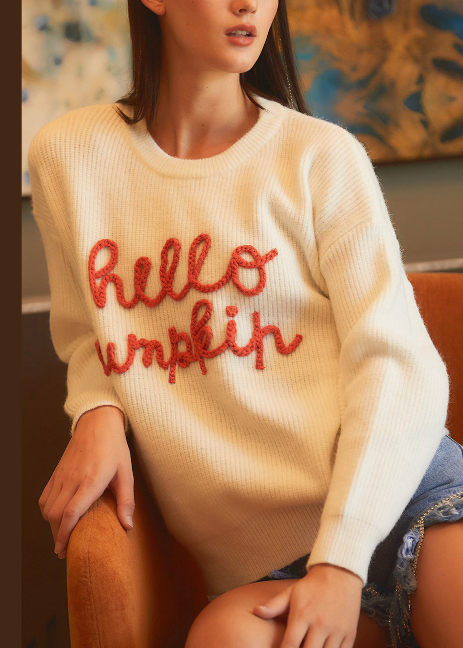 Einfache Beige Buchstaben Aushöhlen Gemütliche Strick Pullover Herbst AE1011