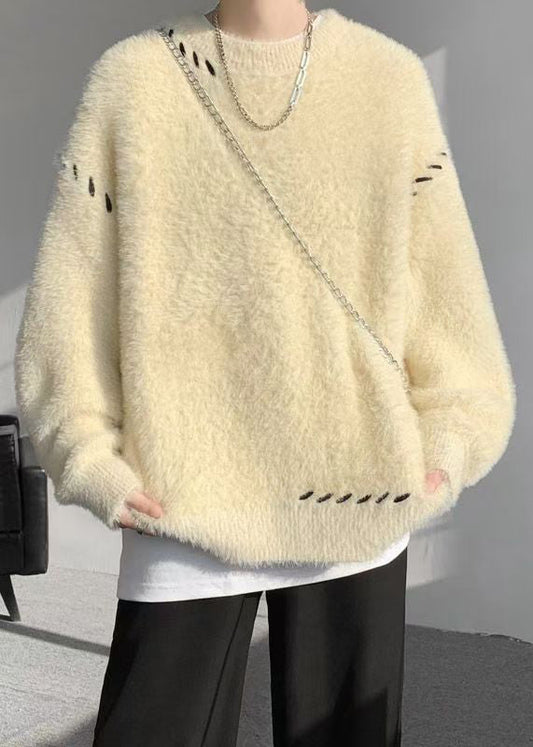 Simple Beige O Neck Solid Mink Hair Knitted Men Sweater Winter RC040