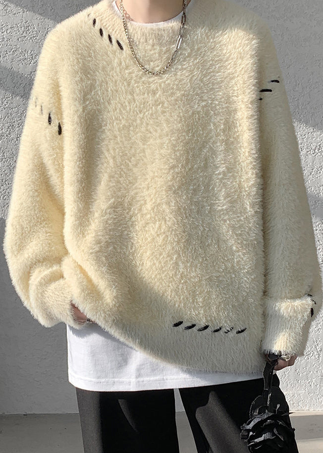 Simple Beige O Neck Solid Mink Hair Knitted Men Sweater Winter RC040